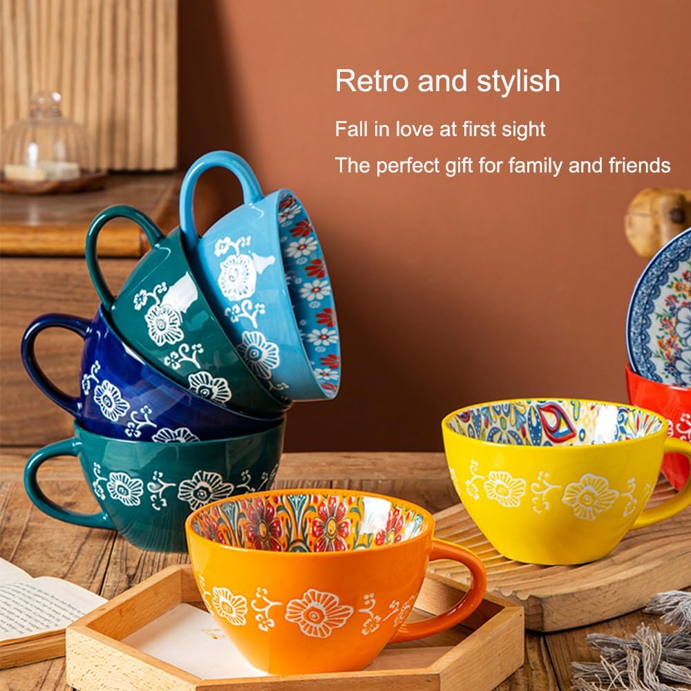 Bohemian Hand-Painted Ceramic Mug, 15 Oz Large Coffee Cup for Milk, Tea, and Breakfast, Dishwasher & Microwave Safe Artisan Cup, Orange
