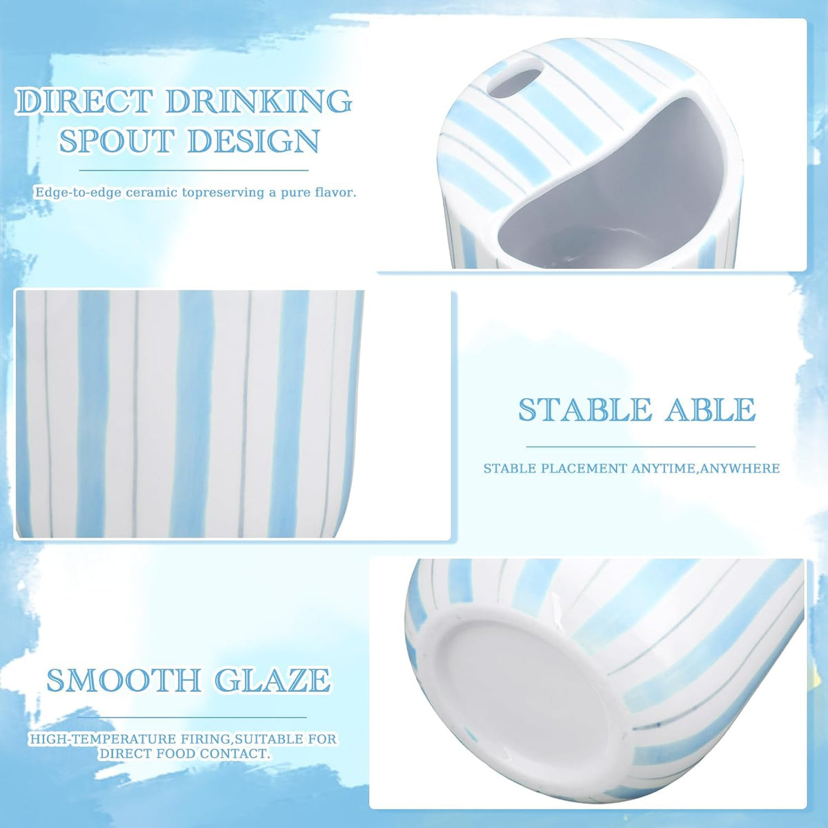 1 Pcs Ceramic Mug with Sip Hole 10 oz Light Blue Striped