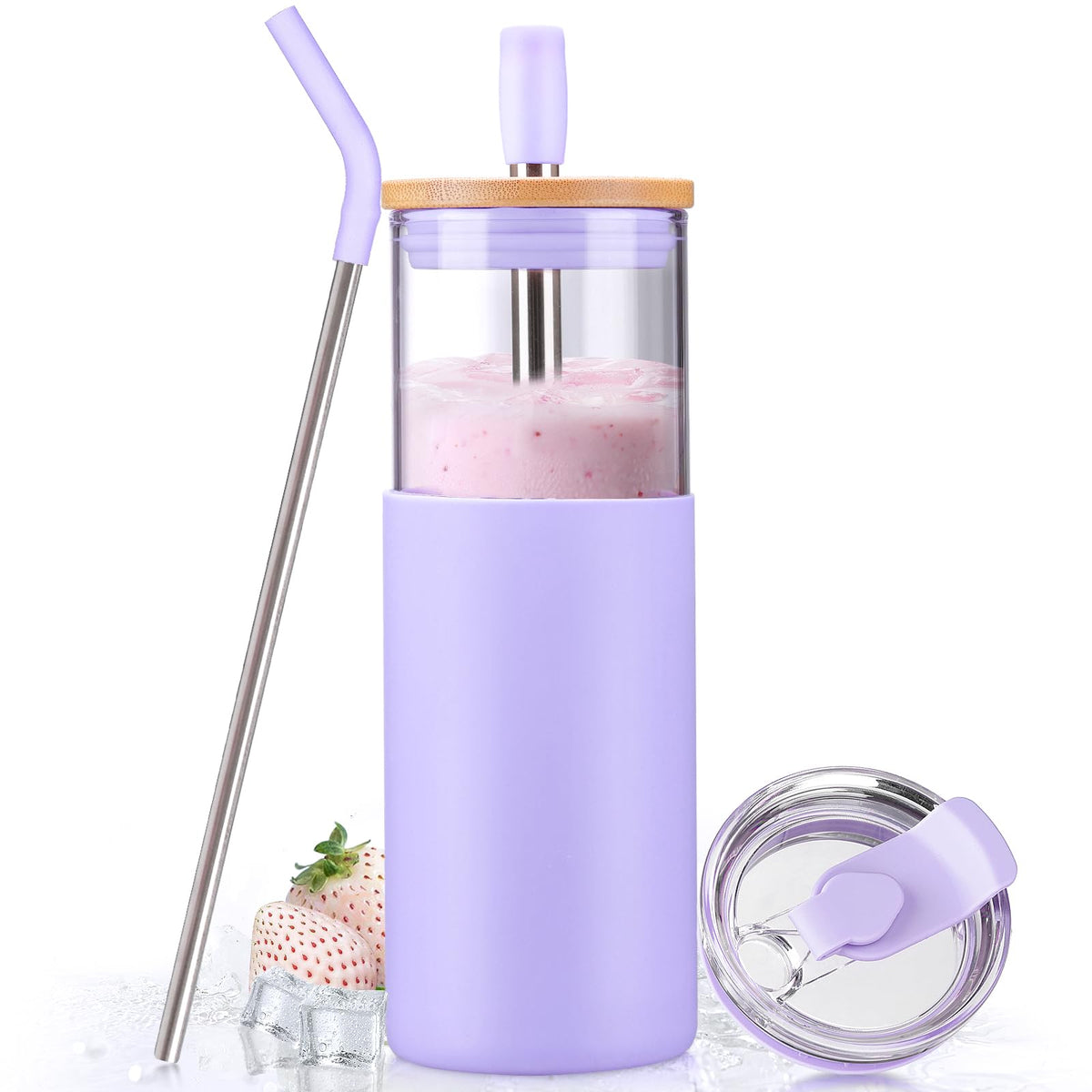 Kodrine 20oz Glass Water Tumbler with Straw and Lid, Bamboo Lids Water Bottle, Iced Coffee Cup Reusable, Wide Mouth Smoothie Cups with Protective Silicone Sleeve BPA FREE-Amber