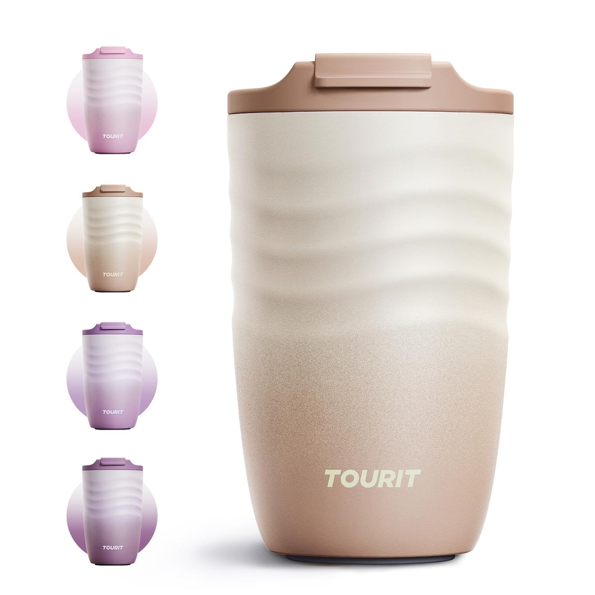 TOURIT 12 oz Travel Coffee Mug, Vacuum Insulated Stainless Steel Tumbler with Ripple-Wave Anti-Slip Grip, Built-in Silicone Bottom for Quiet & Stable, Leak-Proof Lid, Fits Car Cup Holder, Pink