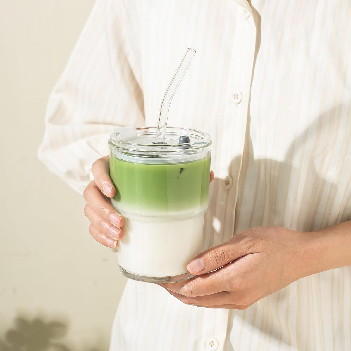 Olvini 13oz Glass Tumbler with Straw and Lid, Reusable Iced Coffee Cup Tumbler, Cute Glass Cups for Water, Matcha, Travel Coffee Mugs (Clear)
