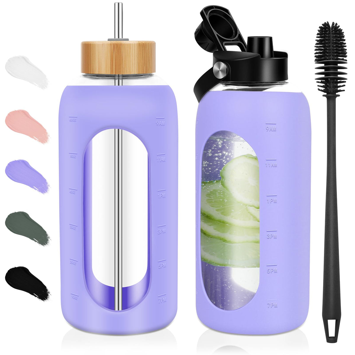 FULBEVY 32 oz Glass Water Bottles - 1 Liter Motivational Tumbler Water Bottle Time Marker - Borosilicate Glass Water Bottle With Silicone Sleeve and 2 Lids, Handle Spout & Bamboo Straw Lid (Olive)