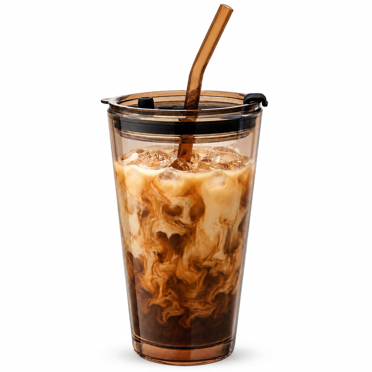 Olvini 15oz Glass Tumbler with Straw and Lid, Cute Iced Coffee Cups, Aesthetic Glass Cups, Coffee Tumbler, Water Cup, Matcha Cup, Drinking Glasses (Amber)