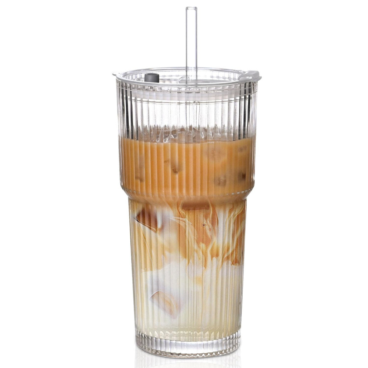 20oz Ribbed Glass Cups with Lids and Straws,1PCS Glass Tumbler with Straw and Lid,Iced Coffee Cups Drinking Glasses for Juice Whiskey Cocktail Beer
