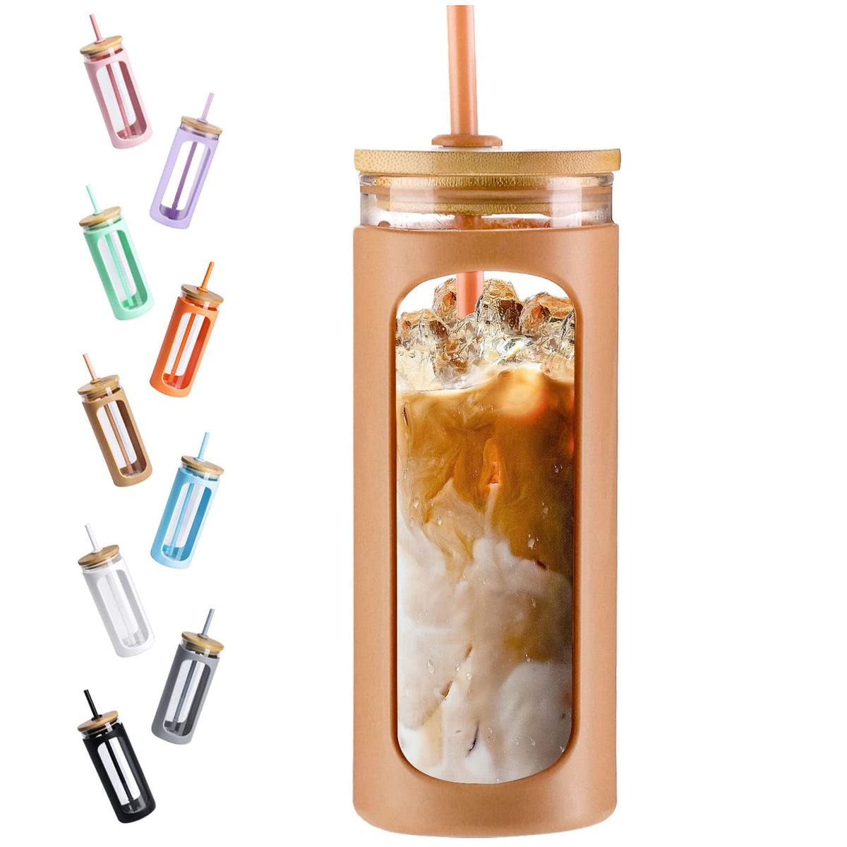 Kodrine 20oz Glass Water Tumbler with Straw and Lid, Bamboo Lids Water Bottle, Iced Coffee Cup Reusable, Wide Mouth Smoothie Cups with Protective Silicone Sleeve BPA FREE-Amber