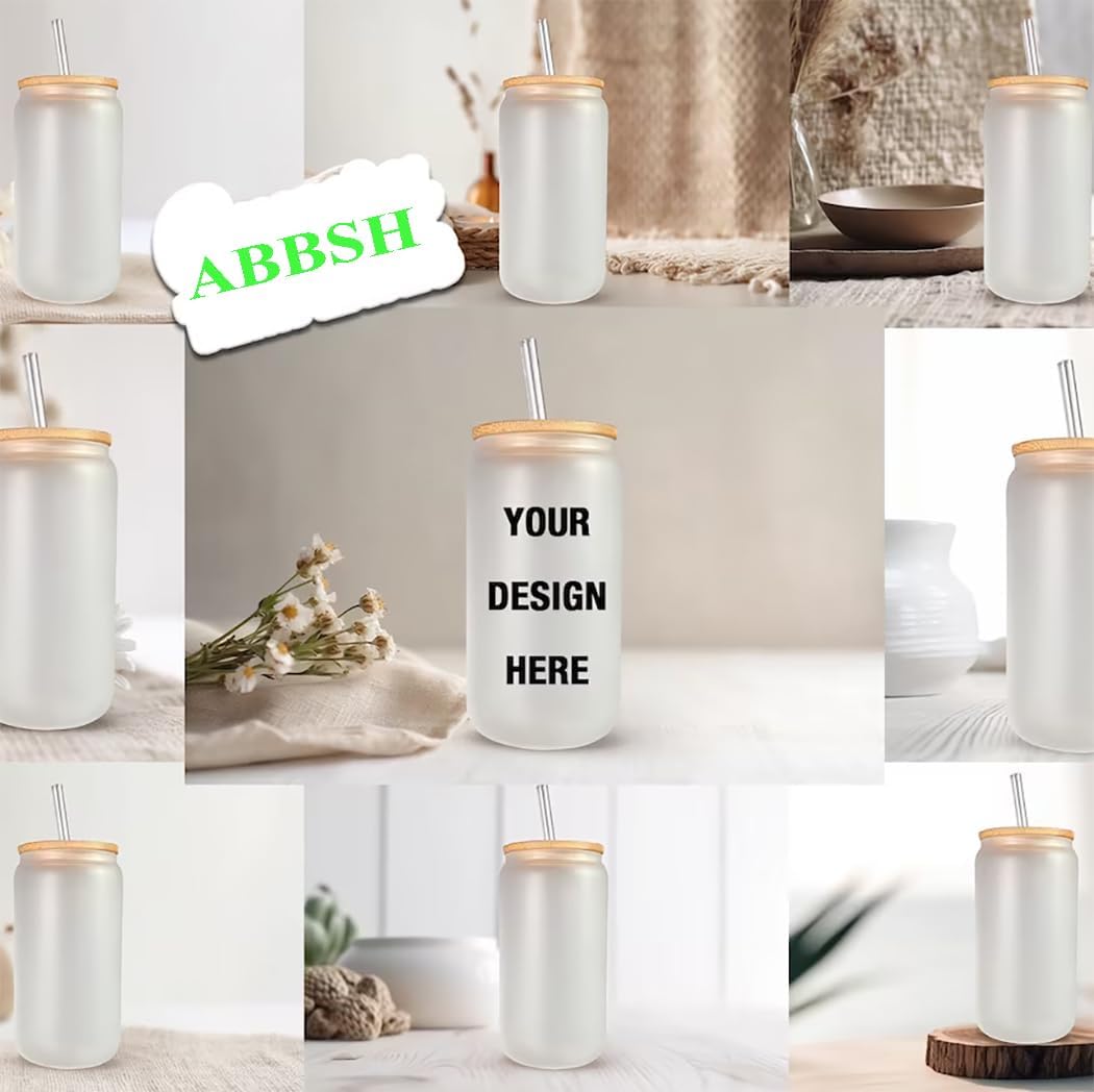 ABBSH Sublimation Glass Cups With Bamboo Lids And Straws 16OZ，Sublimation Beer Can Glass, Sublimation Frosted Glass Tumbler Blanks 12Pack