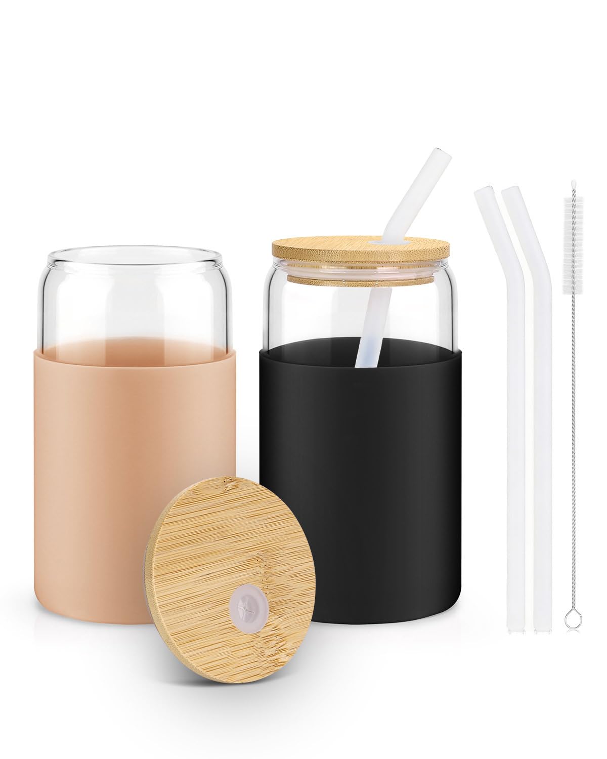 Glass Cups with Lids and Straws - 16 oz Glass Drinking Cups Set for Coffee