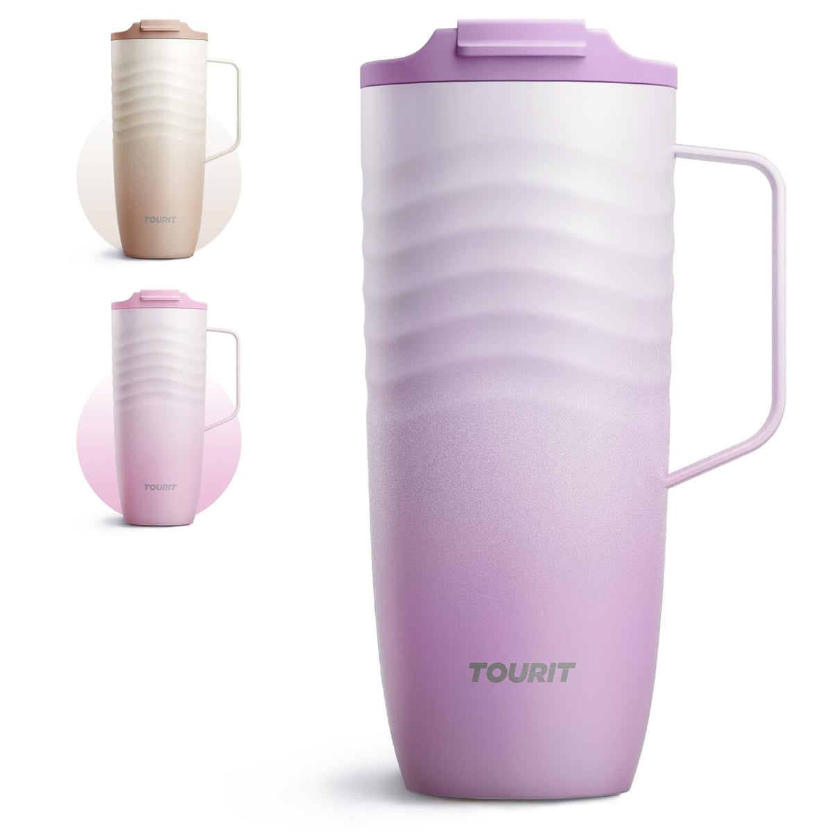 TOURIT 12 oz Travel Coffee Mug, Vacuum Insulated Stainless Steel Tumbler with Ripple-Wave Anti-Slip Grip, Built-in Silicone Bottom for Quiet & Stable, Leak-Proof Lid, Fits Car Cup Holder, Pink