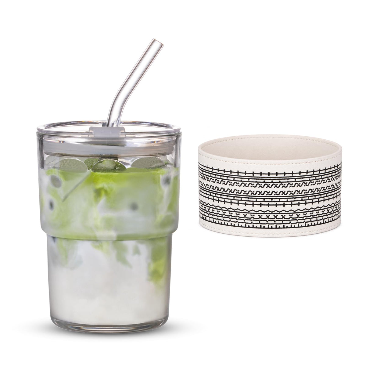 BLUEPOLAR 13oz/400ml Iced Coffee Cups with Lids and Straw，Sealed Carry On Thick Wall Glass Matcha Tumbler for Juice，Water, Late,Tea Fits Car Cup Holders for Office，Gym(Aurora White