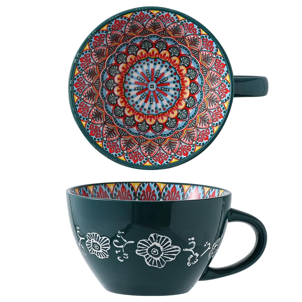 Bohemian Hand-Painted Ceramic Mug, 15 Oz Large Coffee Cup for Milk, Tea, and Breakfast, Dishwasher & Microwave Safe Artisan Cup, Orange