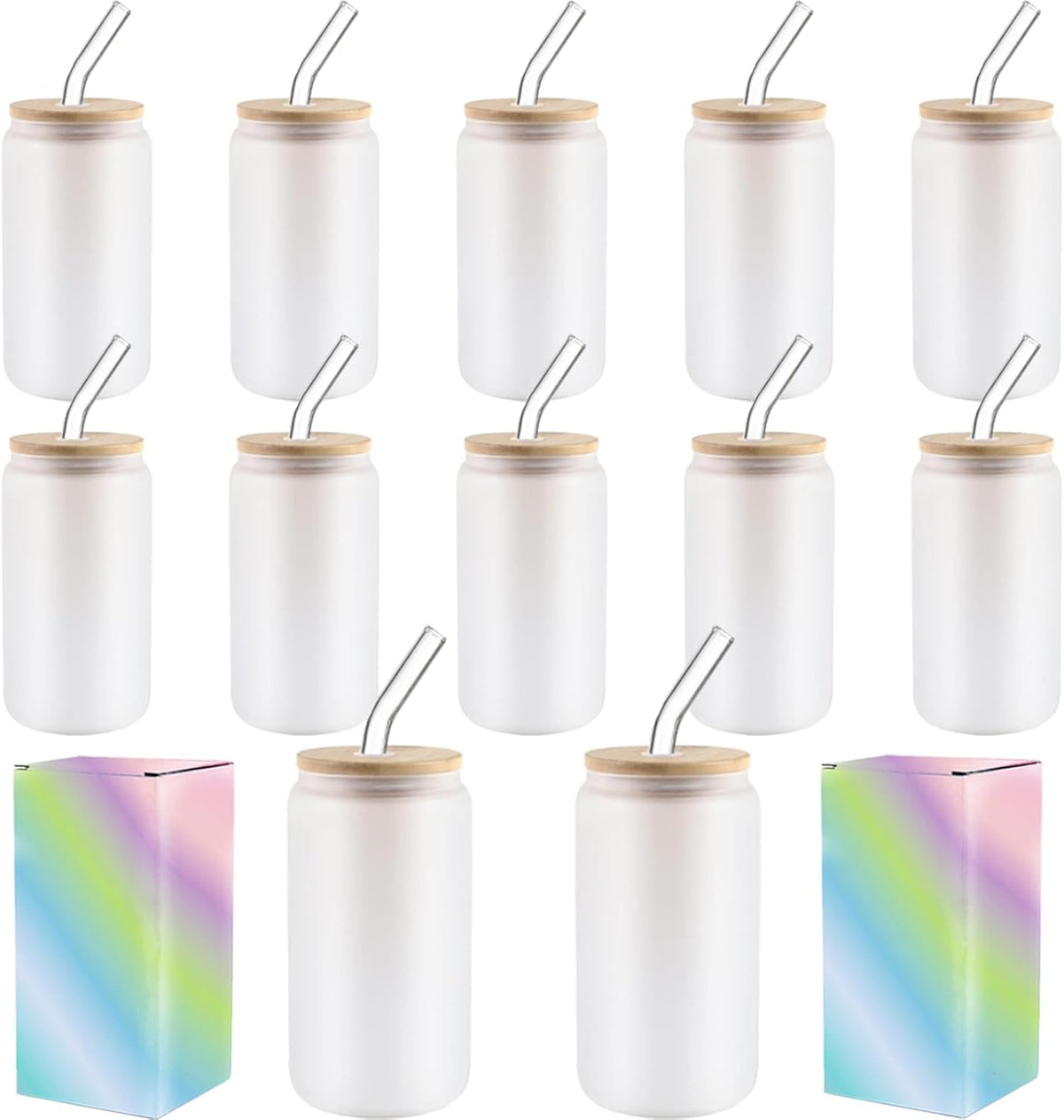 ABBSH Sublimation Glass Cups With Bamboo Lids And Straws 16OZ，Sublimation Beer Can Glass, Sublimation Frosted Glass Tumbler Blanks 12Pack