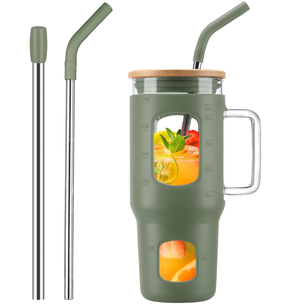 WINSA Glass Tumbler with Straw and Lid, 40 oz, Olive