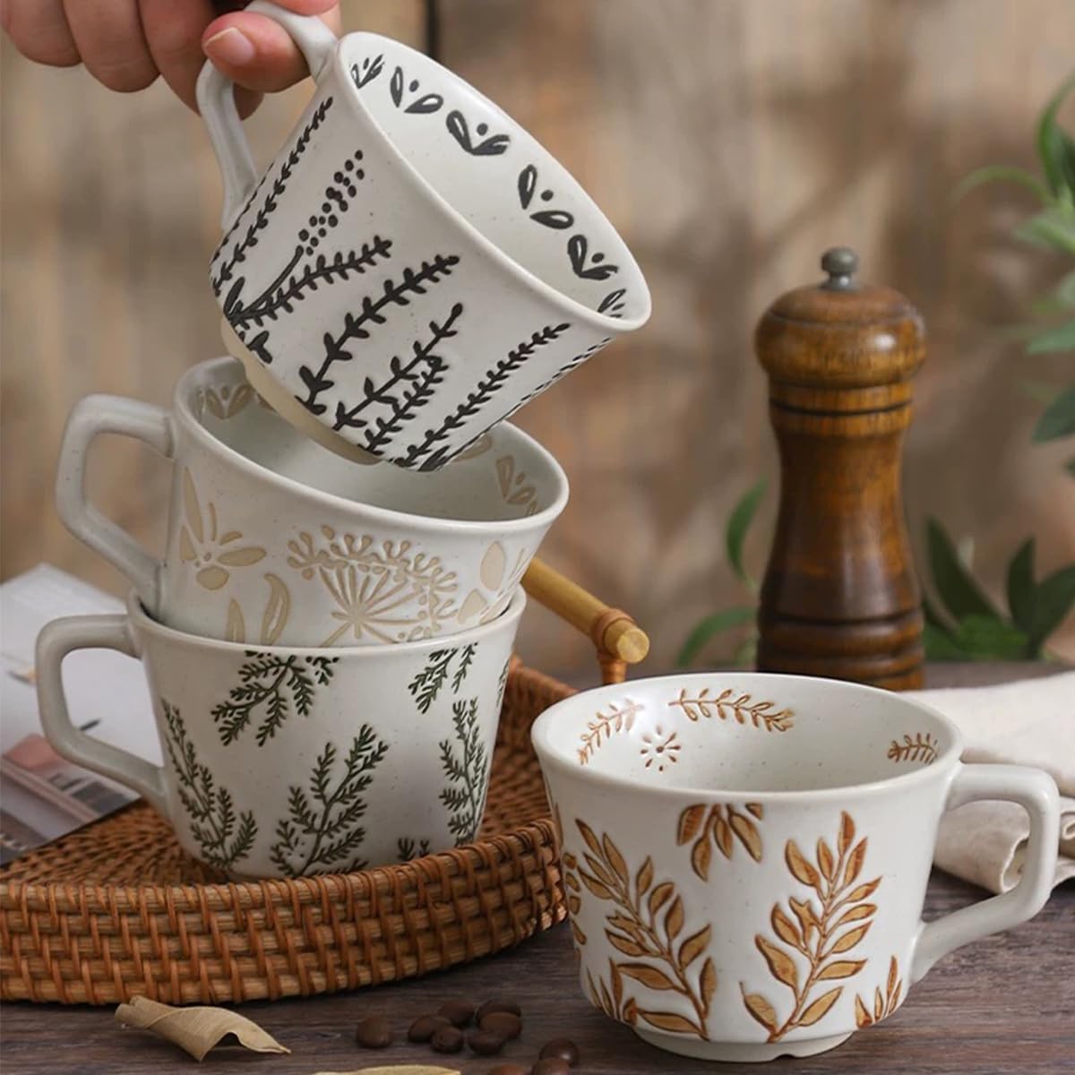 Ceramic Mug, 11oz - Vintage Cups Mug for Coffee Milk Latte Cappuccino Tea, Porcelain Cups Dishwasher Microwave Freezer Safe Stoneware (Brown Leaf Mug 1 pc)