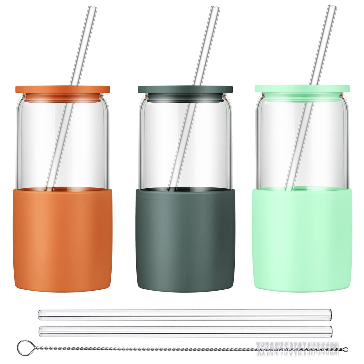 Sunseeke Glass Tumbler with Straw and Lid, 16oz Ice Coffee Cup, Silicone Sleeve Cleaning Brushes, Drinking Glasses for Water, Iced Coffee, Smoothie -BPA Free -3 Pack
