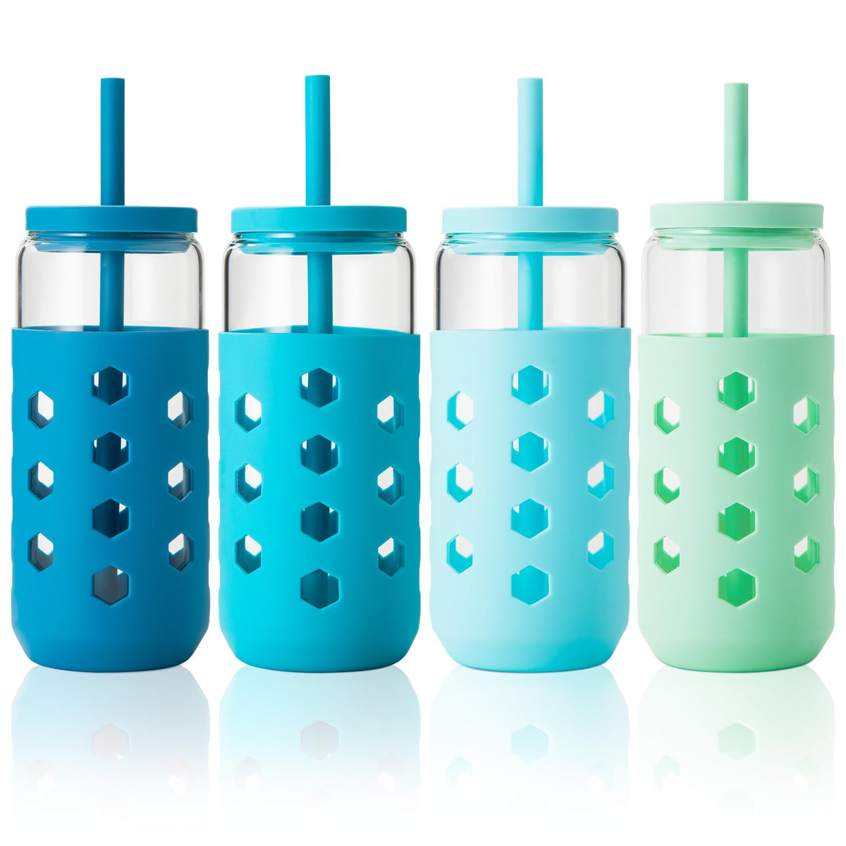 Mrsdry 16 oz Glass Cups with Lids and Straws for Gift, 4-Pack, Mint