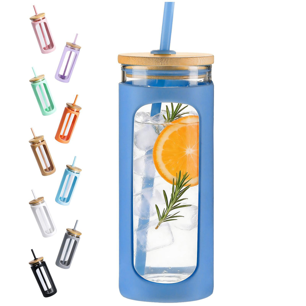 Kodrine 20oz Glass Water Tumbler with Straw and Lid, Bamboo Lids Water Bottle, Iced Coffee Cup Reusable, Wide Mouth Smoothie Cups with Protective Silicone Sleeve BPA FREE-Amber