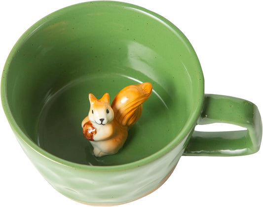 DIHOclub Farmhouse Ceramic Coffee Mug with Squirrel Figurine – Rustic Stoneware Cup, Matte Finish, Ideal for Breakfast & Home Decor (Green Squirrel)