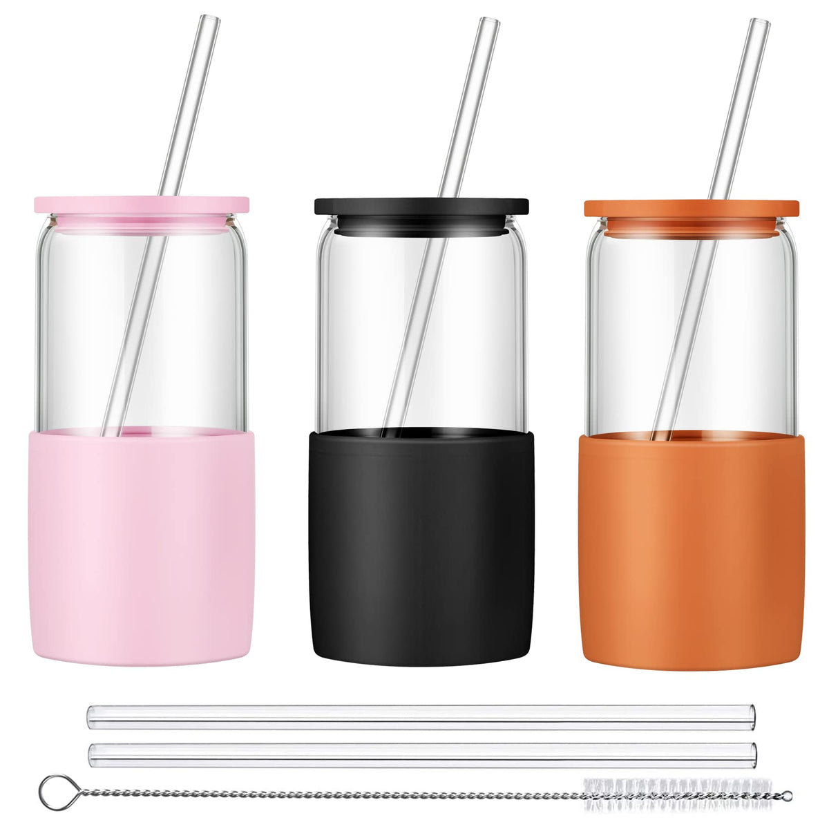 Sunseeke Glass Tumbler with Straw and Lid, 16oz Ice Coffee Cup, Silicone Sleeve Cleaning Brushes, Drinking Glasses for Water, Iced Coffee, Smoothie -BPA Free -3 Pack