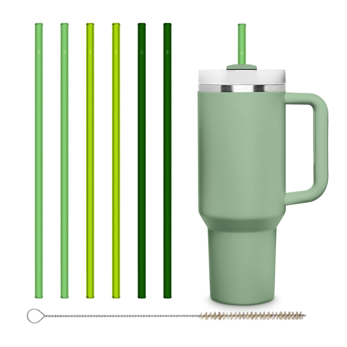 Halm Glass Straws 6x 12 inch Long Replacement Straw for Stanley Quencher Cup 40 oz & 30 oz Plastic-Free Cleaning Brush - Reusable Drinking Straw Dishwasher Safe Made in Germany