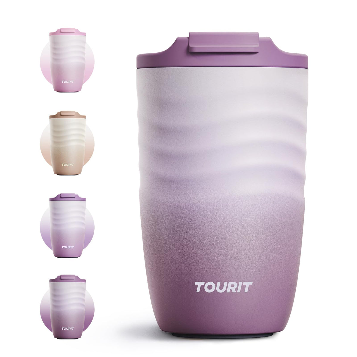 TOURIT 12 oz Travel Coffee Mug, Vacuum Insulated Stainless Steel Tumbler with Ripple-Wave Anti-Slip Grip, Built-in Silicone Bottom for Quiet & Stable, Leak-Proof Lid, Fits Car Cup Holder, Pink