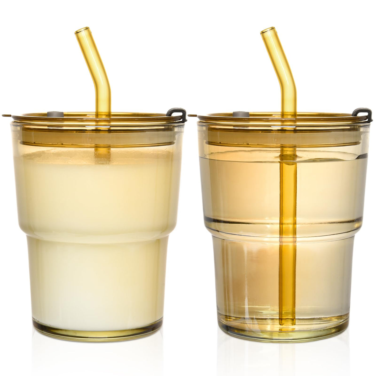 13oz Iced Coffee Cups,2Pcs Glass Cups with Lids and Straws Drinking Glasses,Clear Ribbed Glassware,Reusable Tumbler Glass to Go Cup for Matcha, Iced Tea,Juice