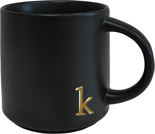 COLLECTIVE HOME Black Ceramic Coffee Mug, 15 oz Golden Monogram Tea Cup (k)