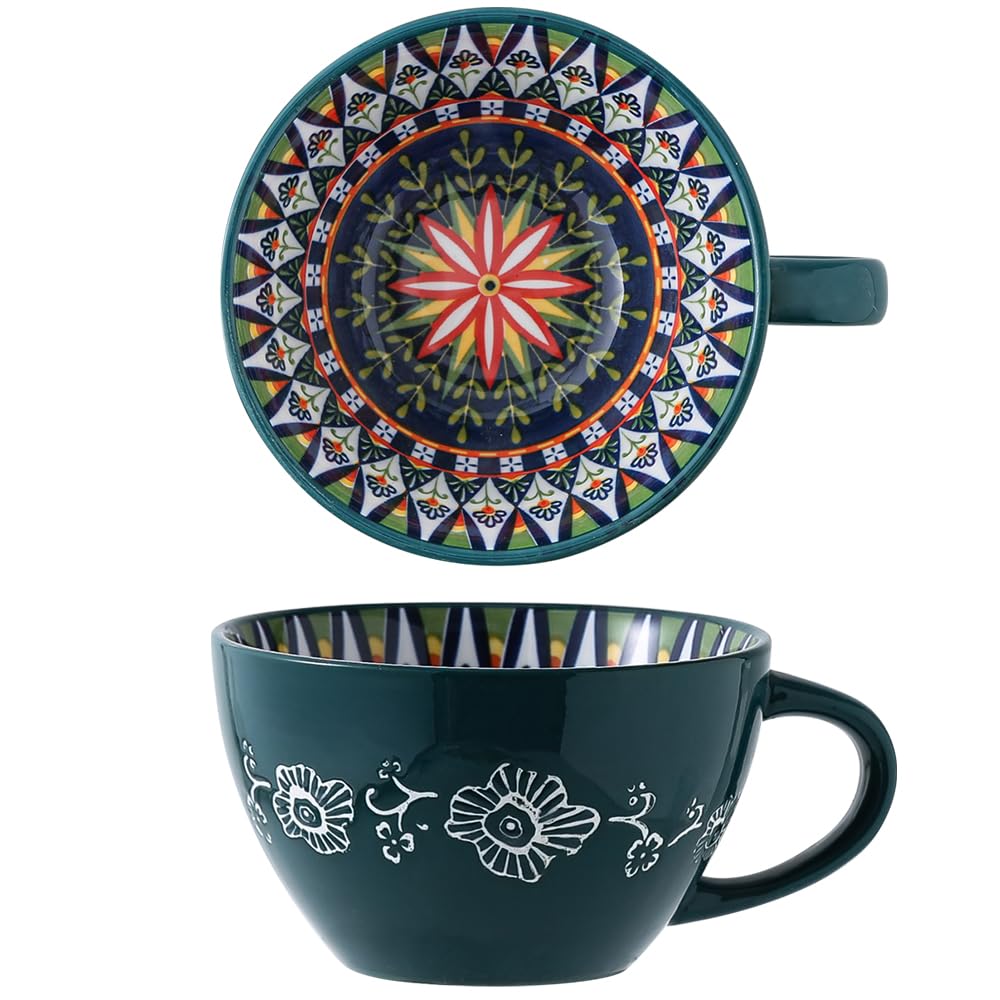 Bohemian Hand-Painted Ceramic Mug, 15 Oz Large Coffee Cup for Milk, Tea, and Breakfast, Dishwasher & Microwave Safe Artisan Cup, Orange