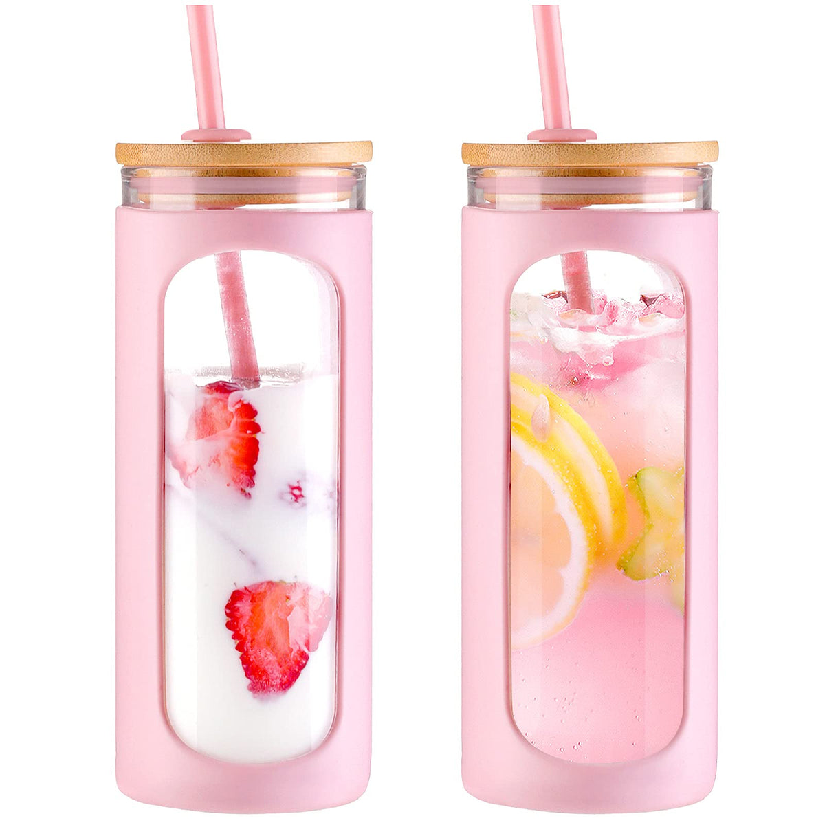 Kodrine 20oz Glass Water Tumbler with Straw and Lid, Bamboo Lids Water Bottle, Iced Coffee Cup Reusable, Wide Mouth Smoothie Cups with Protective Silicone Sleeve BPA FREE-Amber