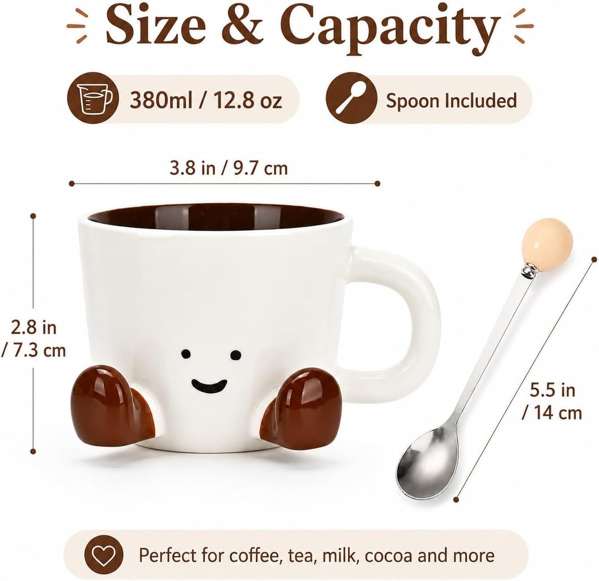 Cute Ceramic Mug, 12.8oz/380ml Unique Handcrafted Shape Coffee Cup with Smile Face, Adorable Kawaii Drinkware Gift for Women