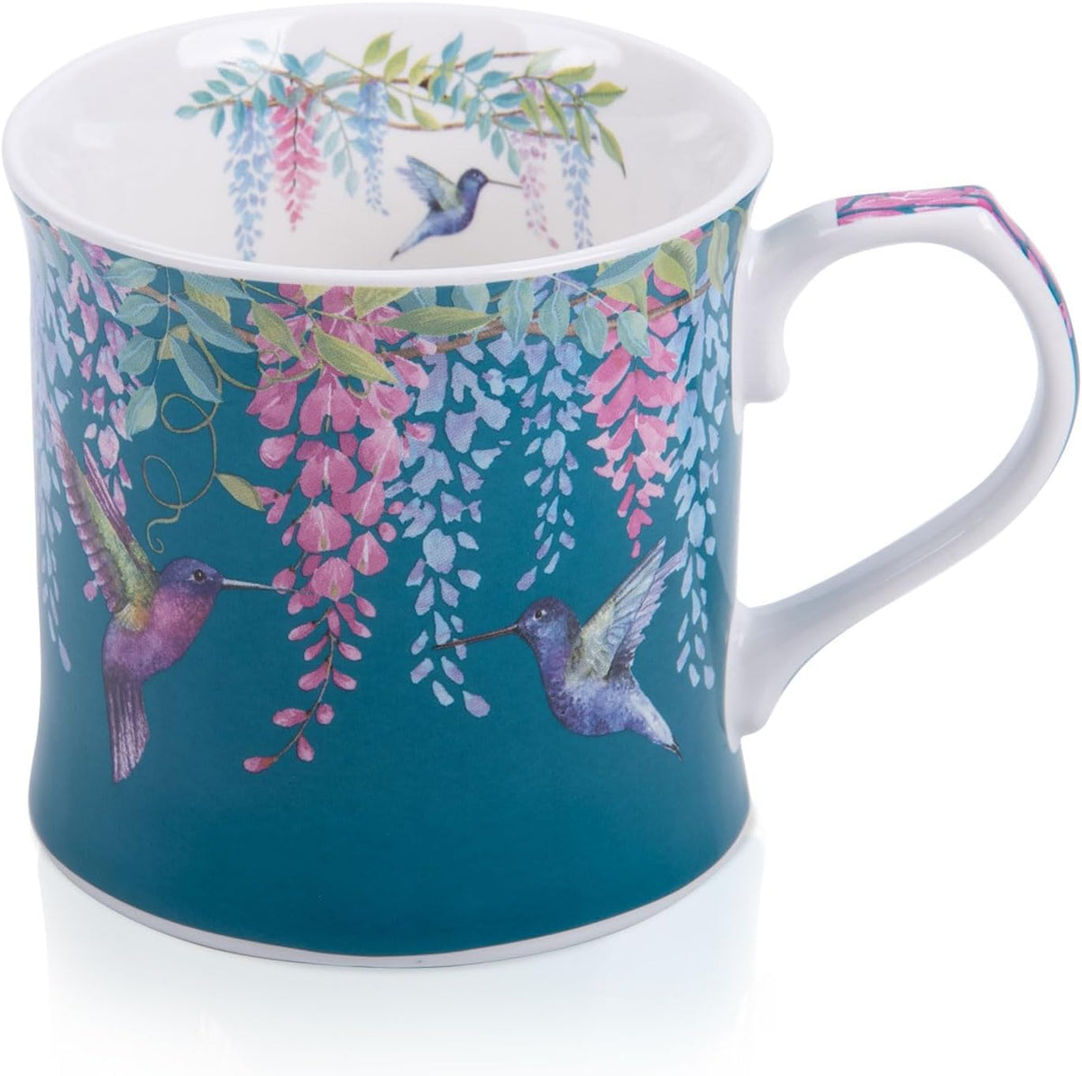 Spring Hummingbird Floral Coffee Mug, 12oz Dark Teal Ceramic Mug with Wisteria and Fluttering Hummingbird, Elegant Gift Mug for Mom, Women & Bird Lovers, Designed in England by Harvest Green Studio