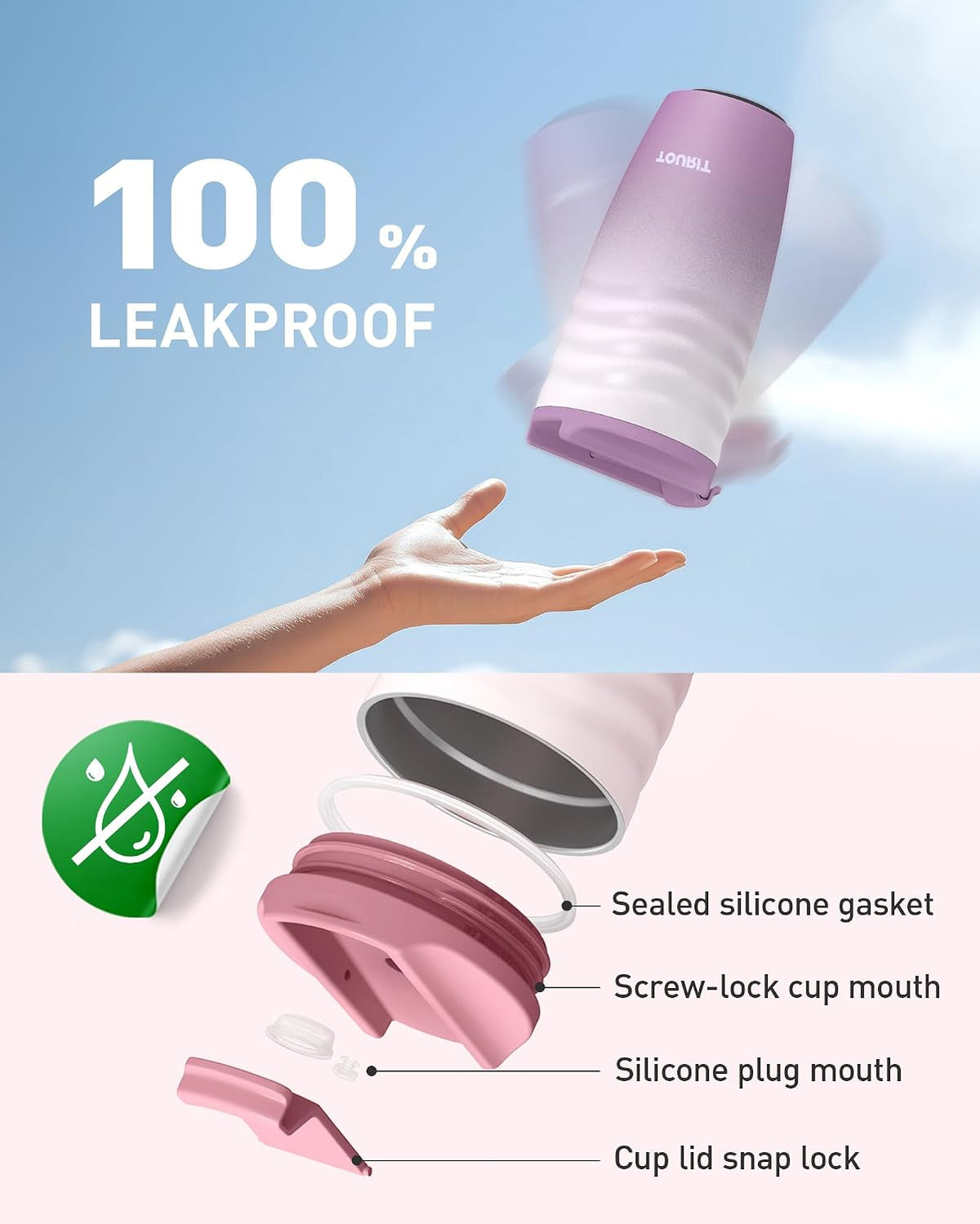 TOURIT 12 oz Travel Coffee Mug, Vacuum Insulated Stainless Steel Tumbler with Ripple-Wave Anti-Slip Grip, Built-in Silicone Bottom for Quiet & Stable, Leak-Proof Lid, Fits Car Cup Holder, Pink