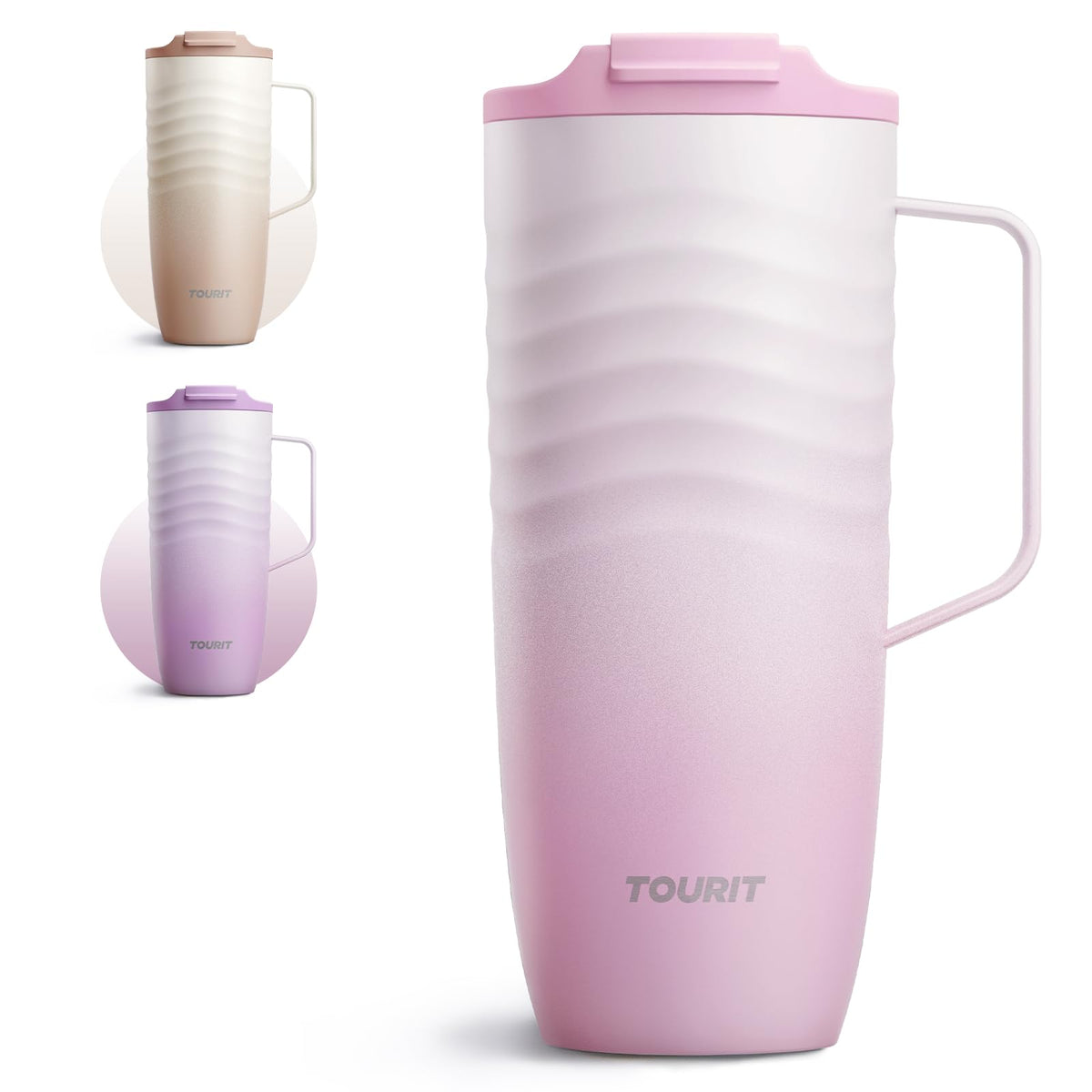 TOURIT 12 oz Travel Coffee Mug, Vacuum Insulated Stainless Steel Tumbler with Ripple-Wave Anti-Slip Grip, Built-in Silicone Bottom for Quiet & Stable, Leak-Proof Lid, Fits Car Cup Holder, Pink
