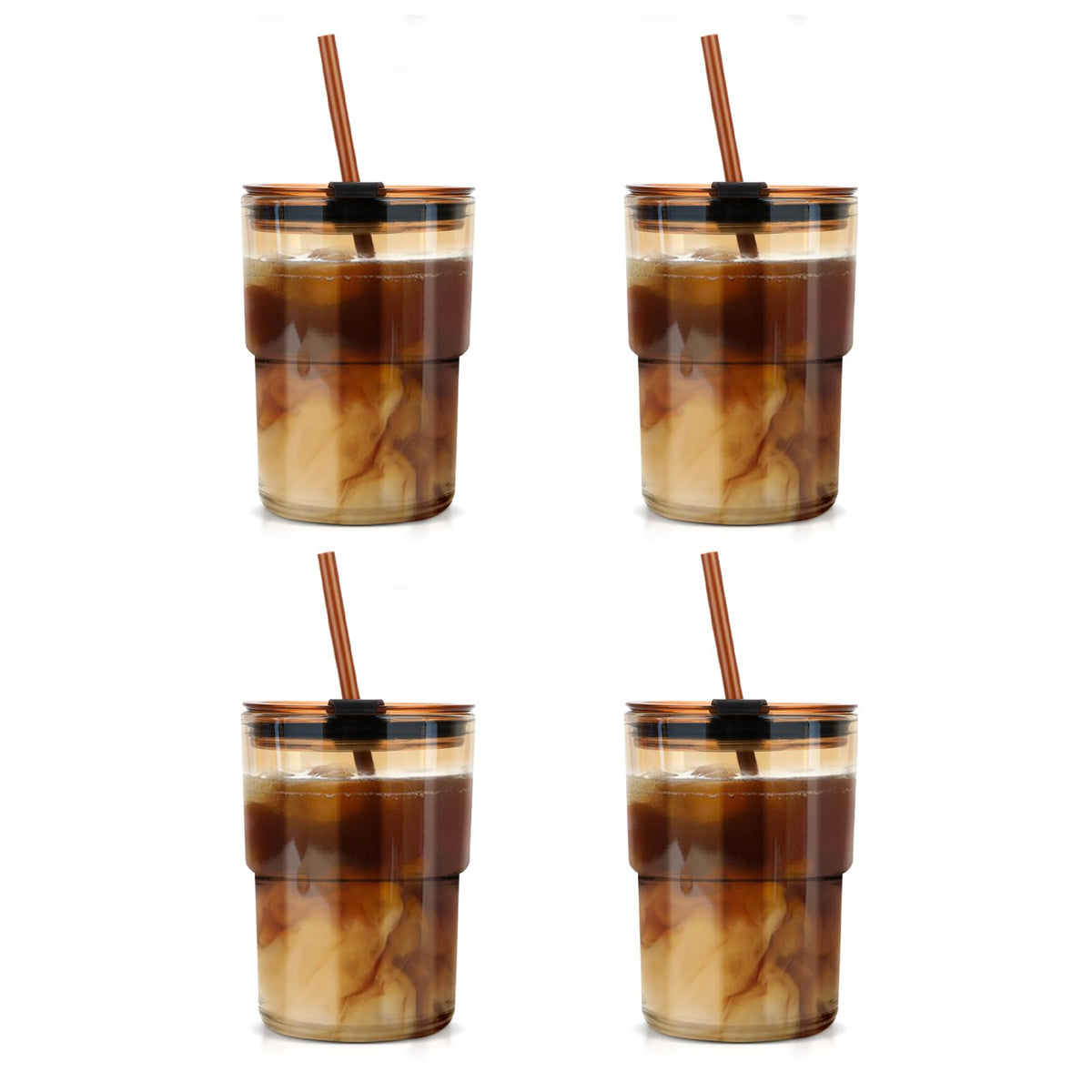 Luxfuel 13 oz Glass Cups with Lids and Straws Reusable Iced Coffee Tumbler