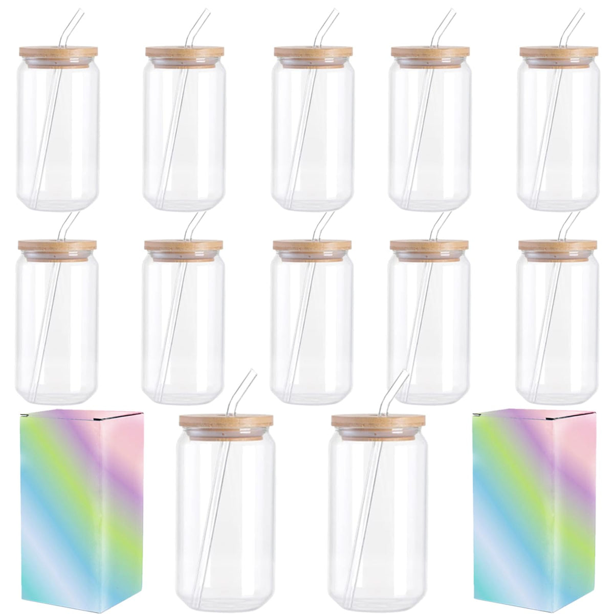 ABBSH Sublimation Glass Cups With Bamboo Lids And Straws 16OZ，Sublimation Beer Can Glass, Sublimation Frosted Glass Tumbler Blanks 12Pack