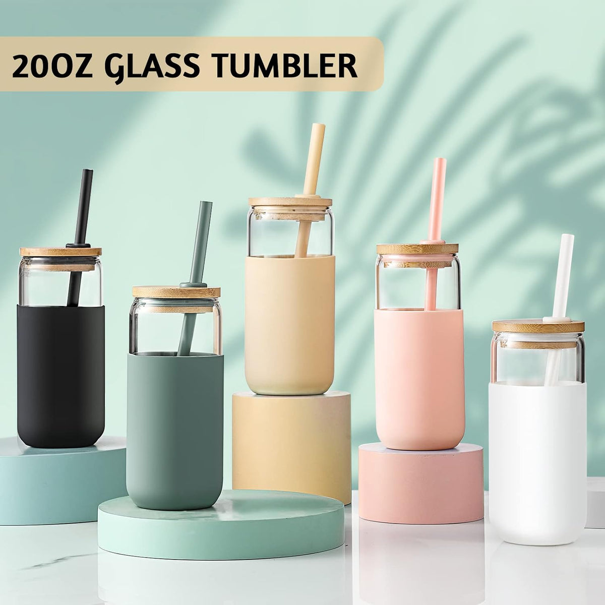 20 OZ Glass Cups with Bamboo Lids and Straws - Beer Can Drinking Glasses with Silicone Protective Sleeve Set, Iced Coffee Glasses, Cute Tumbler Cup for Water, Tea, Gift - Cambridge Blue, Amber