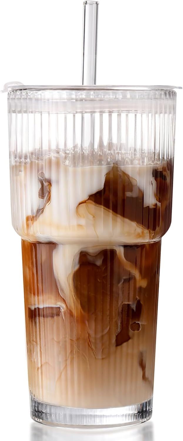 Iced Coffee Cups with Lids,Glass Cups with Lids and Straws,1 Coffee Tumbler