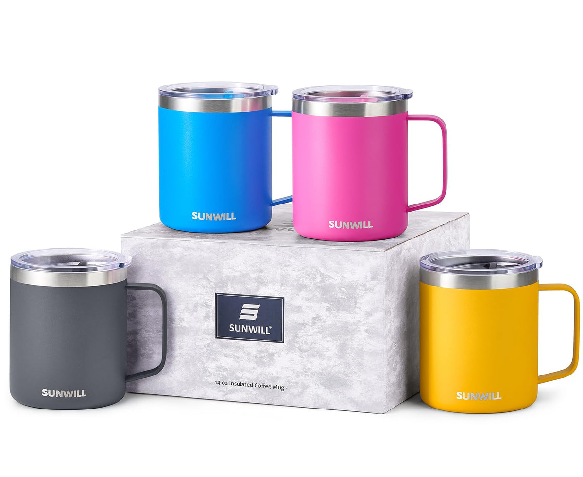 SUNWILL Insulated Coffee Mug, Stainless Steel 14 oz, Splash-Proof Lid