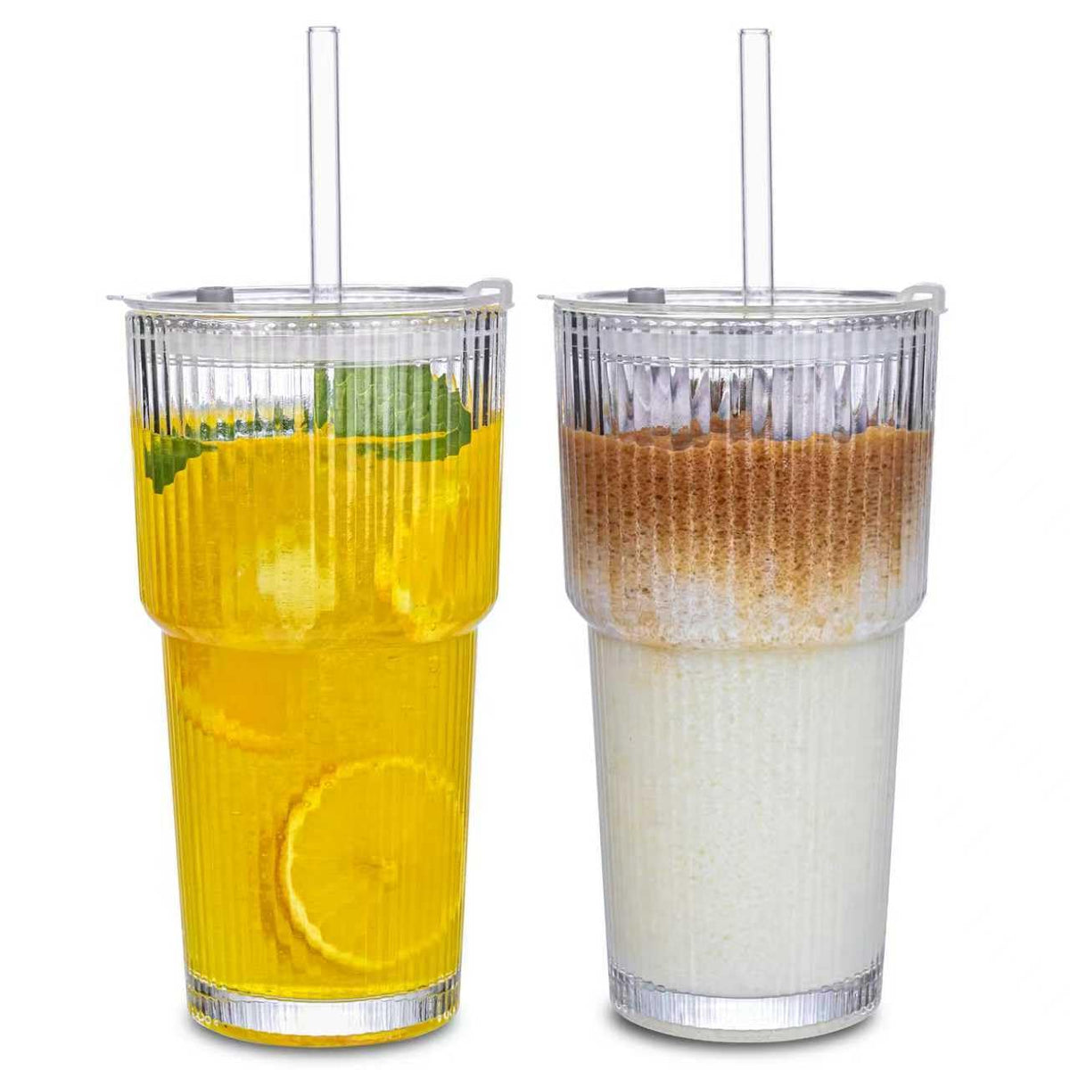 17oz Glass Tumbler with Handle & Lid – 2-Pack Iced Coffee Cups with Straws, Glass Mug for Cold & Hot Beverages Travel Cup for Smoothies, Tea, and Juice (clear-Glacial pattern-2pack)