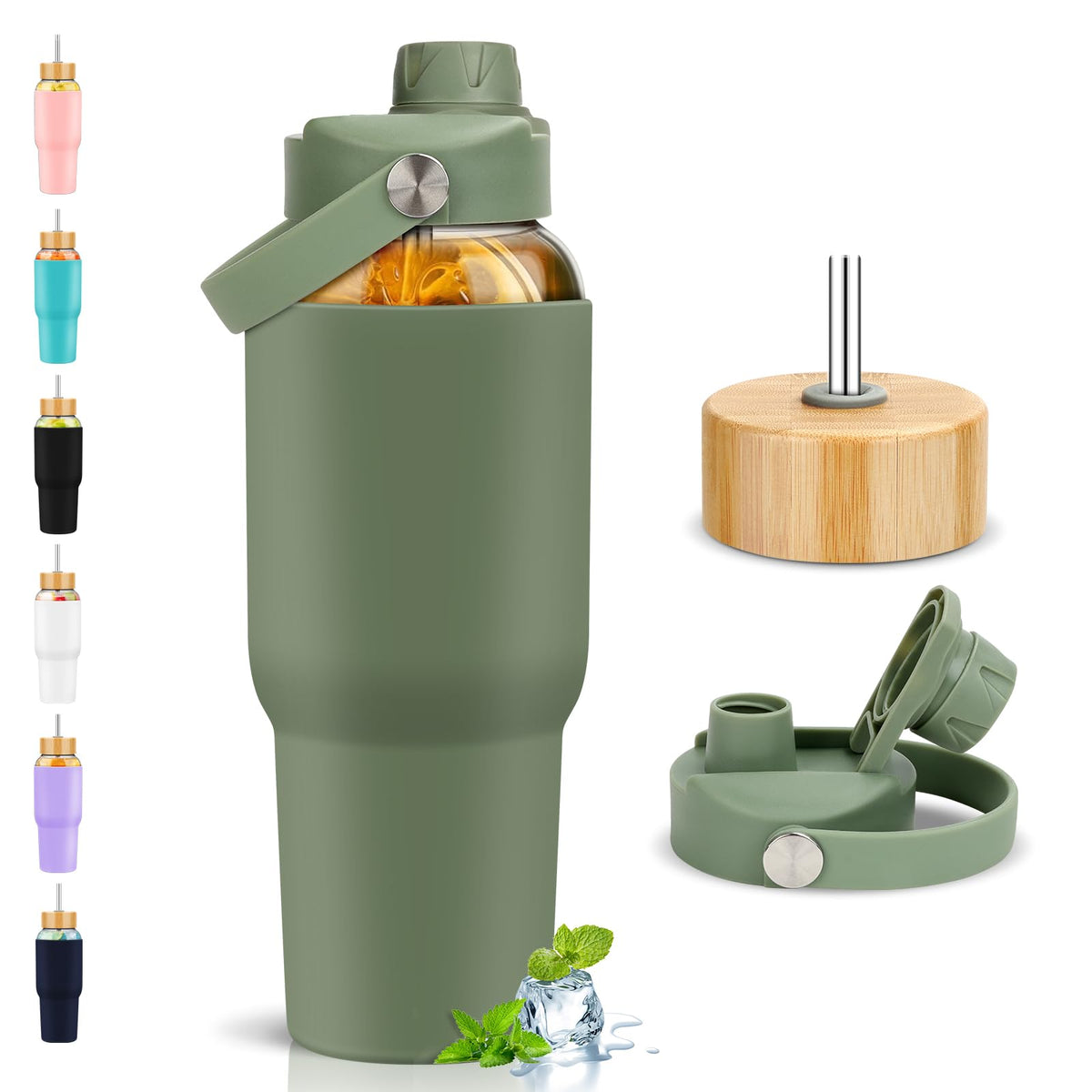 PROBTTL 40 oz Glass Tumbler with Handle - Sports Clear Borosilicate Glass Water Bottle with Straw, Silicone Sleeve, 2 Lids - Handle Spout & Bamboo Straw Lid, Fits Car Cup Holder, Leakproof (Olive)