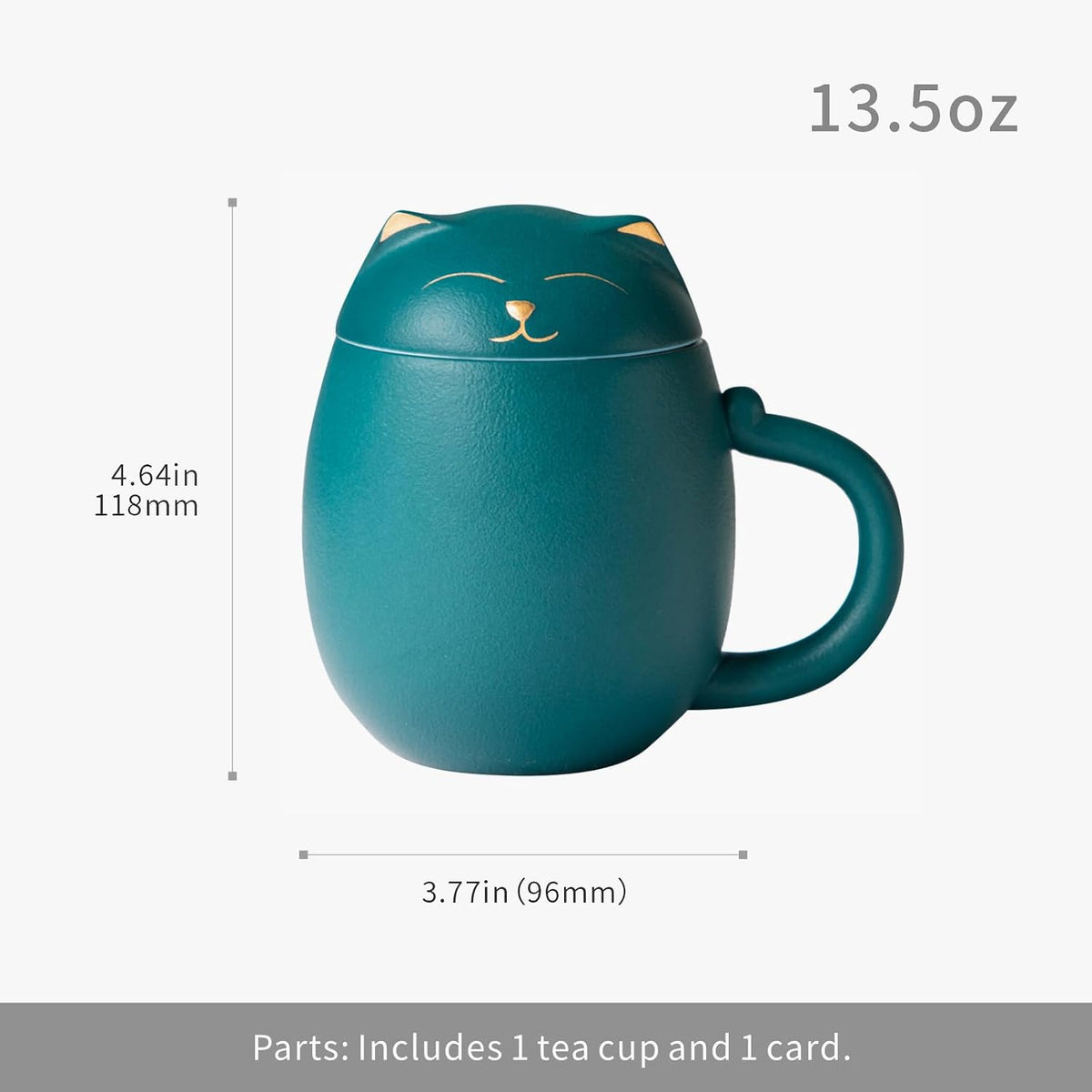 HEER Cat Ceramic Tea Mug 13.5oz with Infuser and Lid, Green