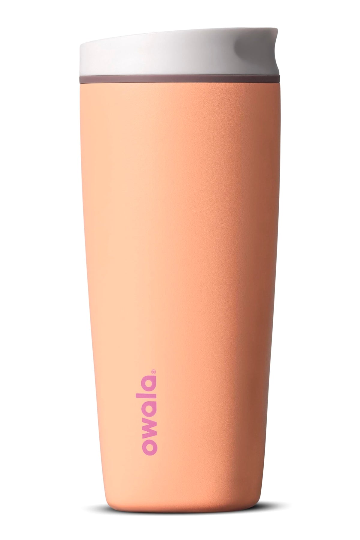 Owala SmoothSip Slider Insulated Stainless Steel Coffee Tumbler, Reusable Iced Coffee Cup, Hot Coffee Travel Mug, BPA Free 12 oz, Pink/Tan (Daybreak)