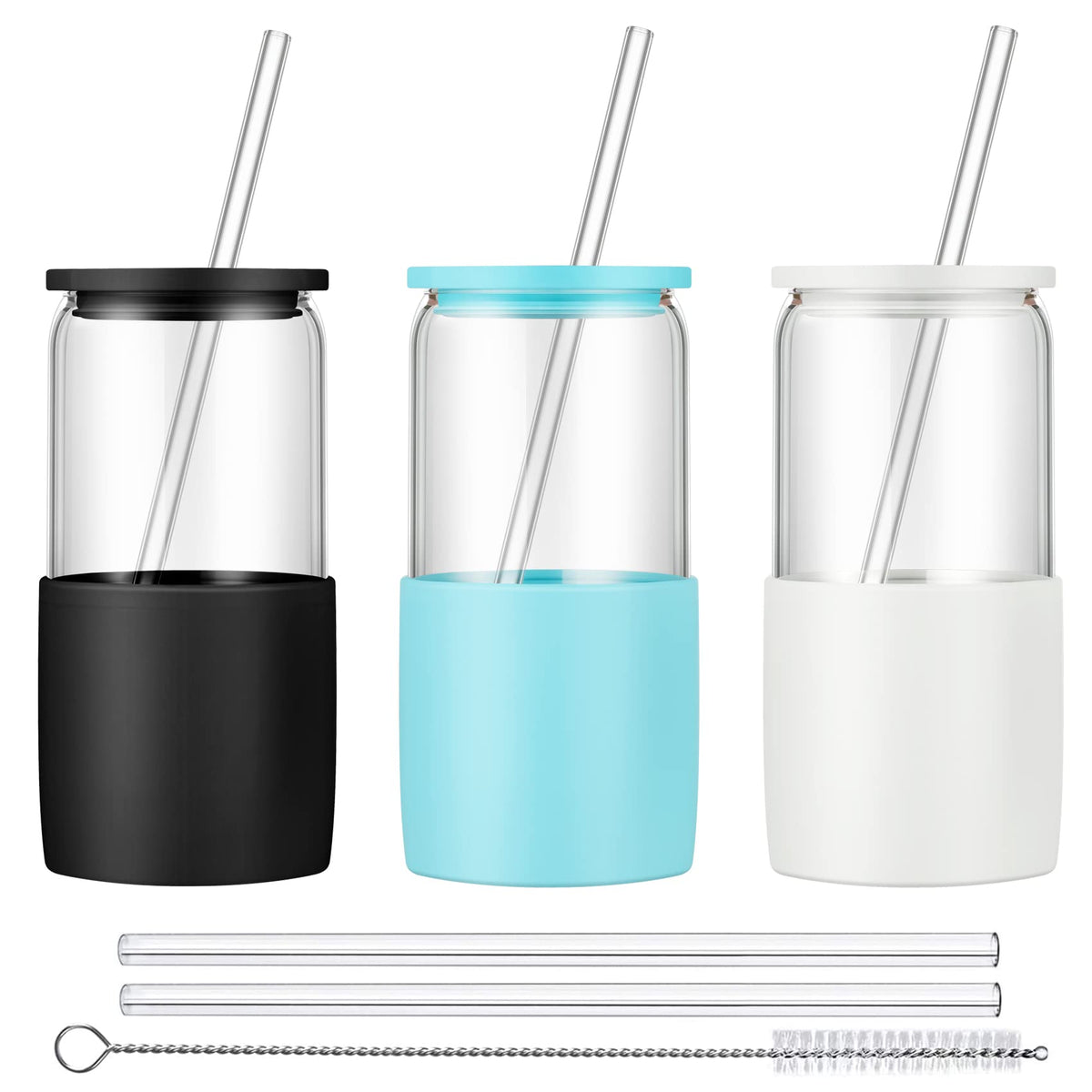 Sunseeke Glass Tumbler with Straw and Lid, 16oz Ice Coffee Cup, Silicone Sleeve Cleaning Brushes, Drinking Glasses for Water, Iced Coffee, Smoothie -BPA Free -3 Pack