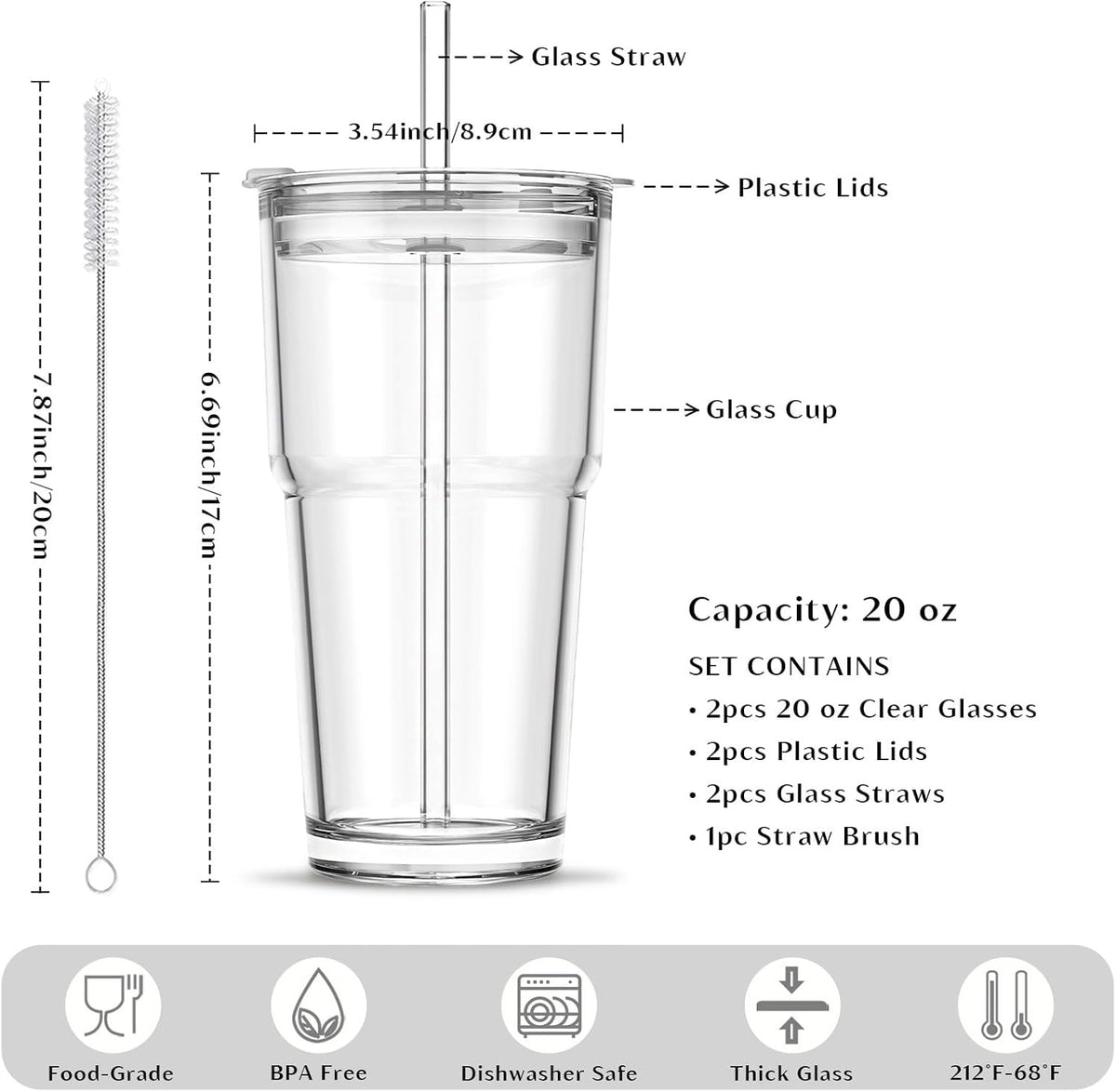 INSETLAN 20 oz Iced Coffee Cups with Lids and Straw, Set of 2 Glass Tumbler