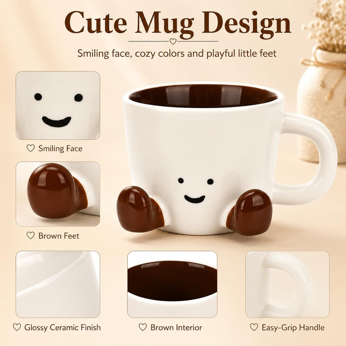 Cute Ceramic Mug, 12.8oz/380ml Unique Handcrafted Shape Coffee Cup with Smile Face, Adorable Kawaii Drinkware Gift for Women