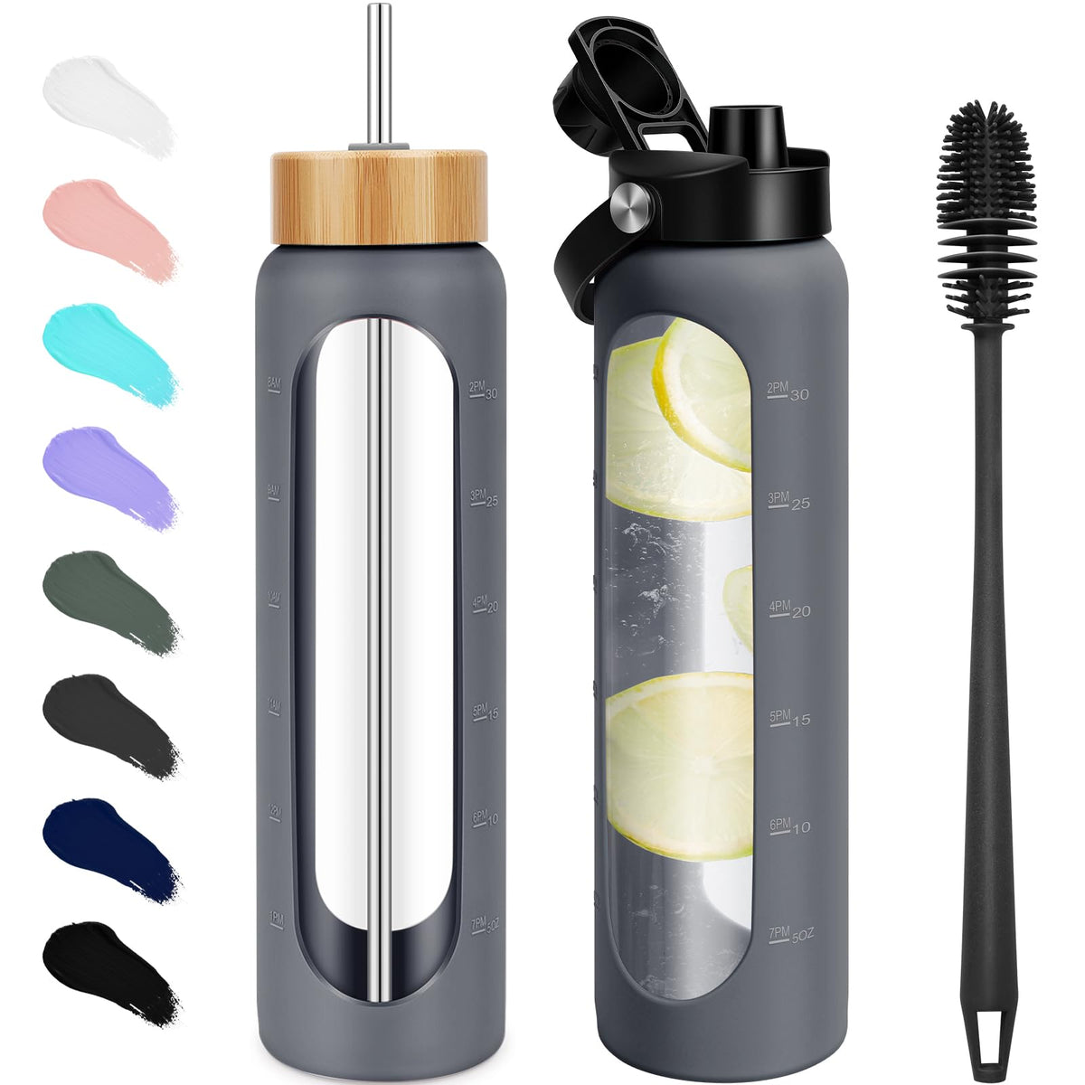 FULBEVY 32 oz Glass Water Bottles - 1 Liter Motivational Tumbler Water Bottle Time Marker - Borosilicate Glass Water Bottle With Silicone Sleeve and 2 Lids, Handle Spout & Bamboo Straw Lid (Olive)