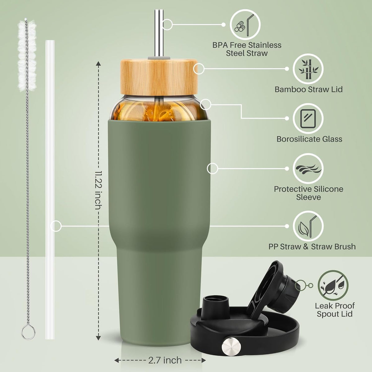 PROBTTL 40 oz Glass Tumbler with Handle - Sports Clear Borosilicate Glass Water Bottle with Straw, Silicone Sleeve, 2 Lids - Handle Spout & Bamboo Straw Lid, Fits Car Cup Holder, Leakproof (Olive)