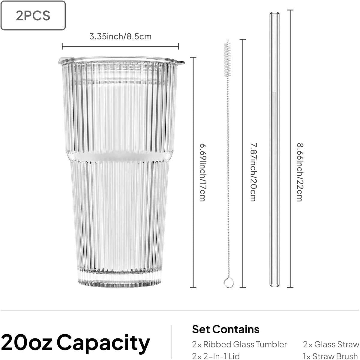 KEMORELA 20oz Ribbed Glass Tumblers with Lids and Straws,Iced Coffee Cups
