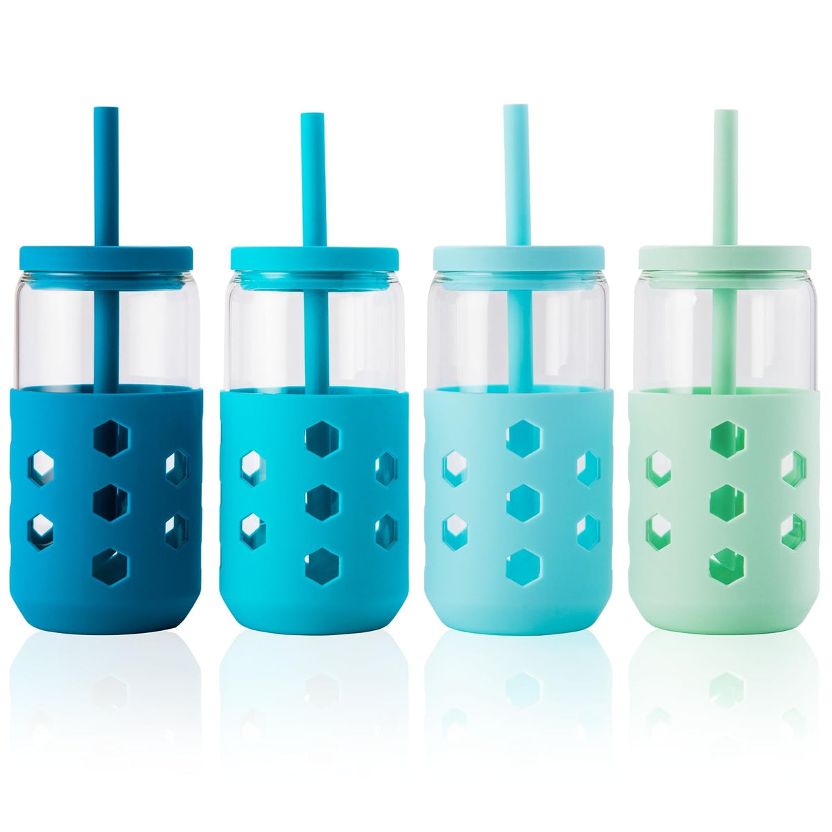 Mrsdry 16 oz Glass Cups with Lids and Straws for Gift, 4-Pack, Mint