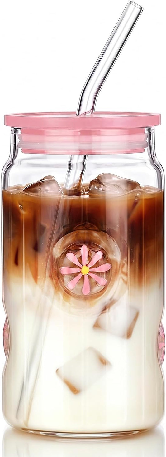 Joeyan 3D Daisy Glass Cup with Lid & Straw, 16oz Floral Iced Coffee Tumbler