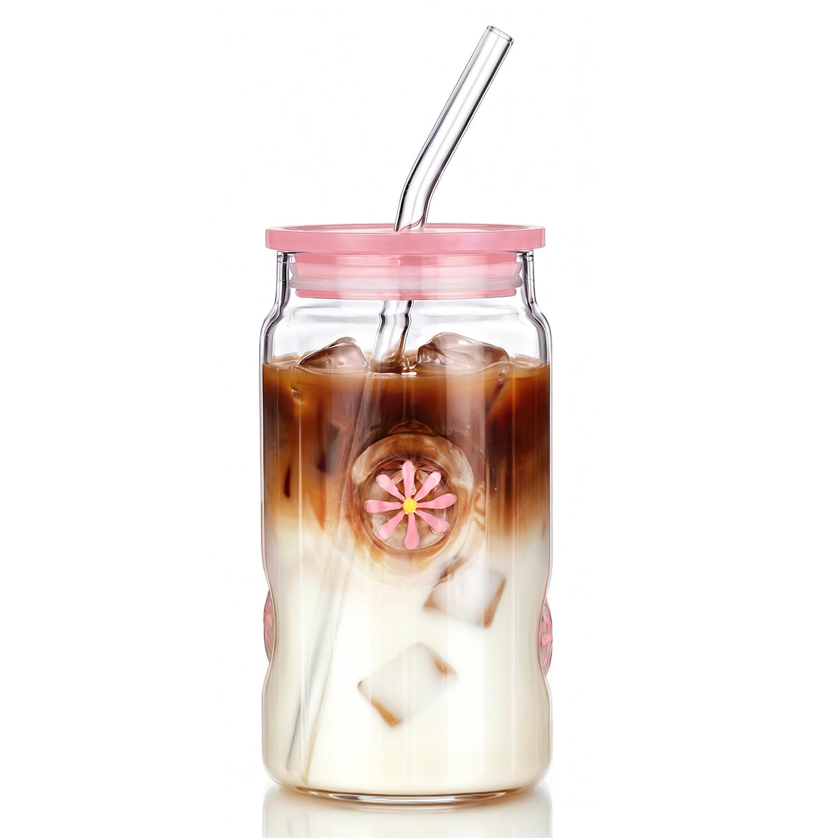 Joeyan 3D Daisy Glass Cup with Lid & Straw, 16oz Floral Iced Coffee Tumbler